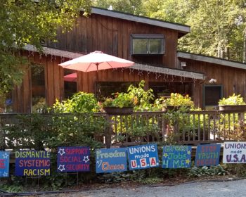 Colorful handpainted yard signs arrayed in front of a deck railing with various messages such as Freedom to Choose, Unions Made USA, Vote, Stop Truth Decay, Equality 4 All, Dismantle Systemic Racism