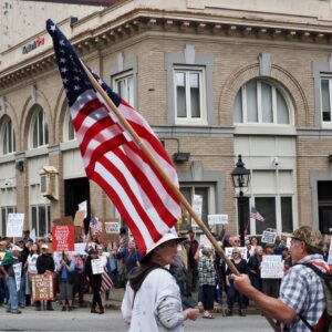 Protesters in Belfast, Maine, carrying signs and American flags.