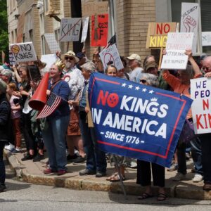 Protesters on a street corner with "No Kings" signs.
