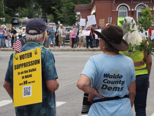 View of two protesters from behind, one with sign that reads "Voter Suppression is on the ballot in Maine, Vote NO Nov. 2025" and the other wearing a Waldo County Dems tee, facing a crowd of fellow protesters