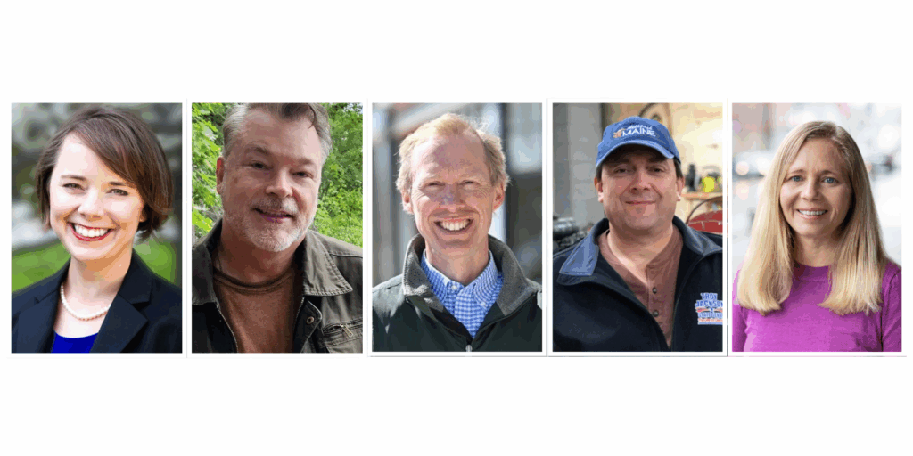 Photos of Democratic gubernatorial candidates (left to right) Shenna Bellows, Jason Cherry, Angus King III, Troy Jackson, and Hannah Pingree
