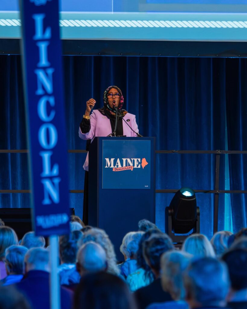 State Representative Deqa Dhalac addresses the crowd after receiving the Sam Shapiro Award for her dedication to the party and her outstanding character, ebullience and good humor.