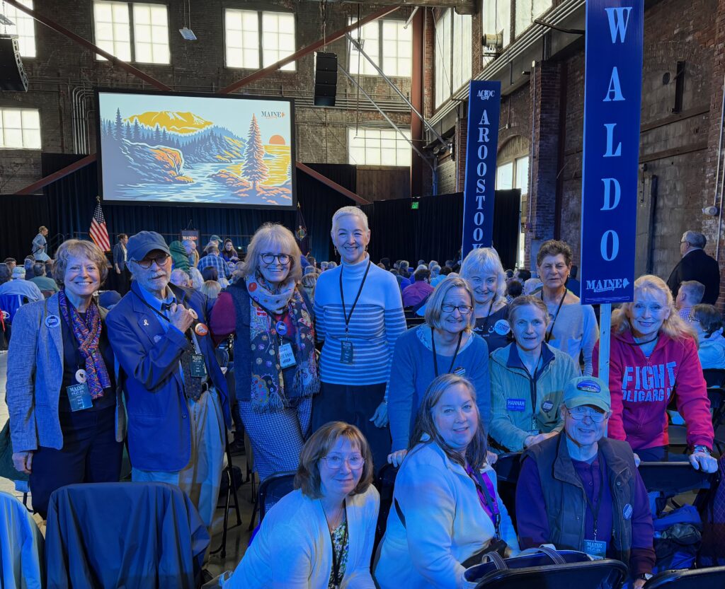 A dozen of Waldo County delegates pose for a picture on the convention floor.